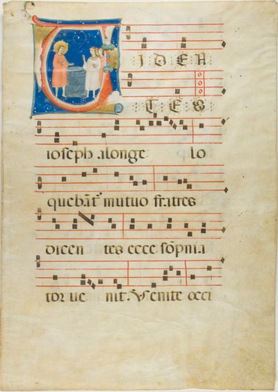 Joseph och hans bröder vid brunnen, initial V från ett antifonarium av Neri da Rimini