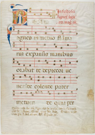 Saint Agnes i ett historiskt initialt "V" från ett antifonarium av Neri da Rimini