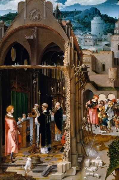 En predikan om välgörenhet, eventuellt Sankt Antonius omvändelse. av Netherlandish