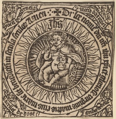 Gudomligt spädbarn med globen i en cirkel med fyra änglar av Netherlandish 15th Century