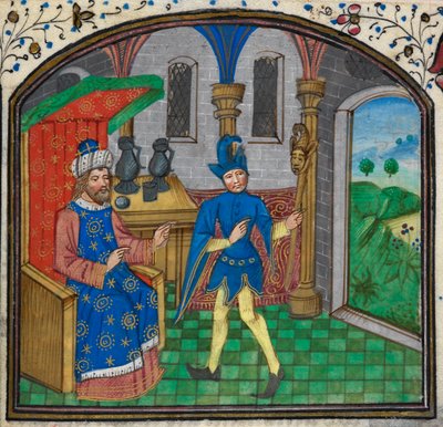 Harley 3000, f.189 En dåre med sin herre, från en timbok av Mildmay Master, ca 1460-70 (vellum) av Netherlandish School