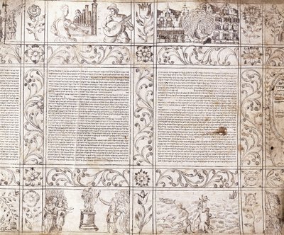 Upplyst manuskript i sefardisk skrift, som visar scener av holländskt liv och Bibeln med blomkartuscher, 1600-talet av Netherlandish School