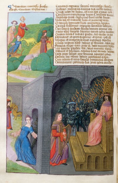 Ms 324 f.101 v. Orpheus och Eurydice, Cerberus och Pluto, från Metamorphoses 10 av Ovid, 1479 av Netherlandish School