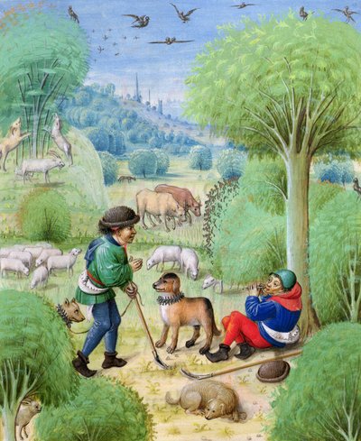 Ms 324 f.9 r. Pastoral scen, från Eclogues av Virgil, 1472-73 av Netherlandish School