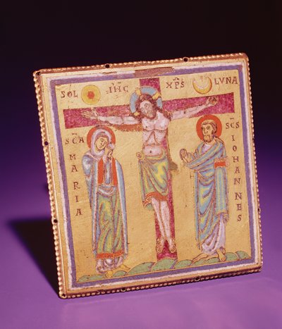 Plaque with the Crucifixion, c.1150-75 (champleve & cloisonne-emalj, kopparlegering & förgylld) av Netherlandish School