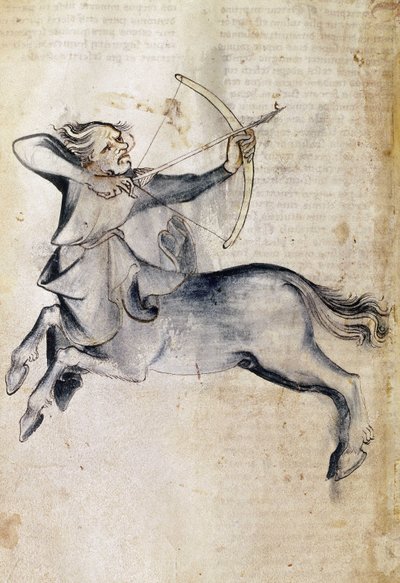Sloane 3983 f.9v Ritning av Skytten; från en översättning av en persisk astrologisk avhandling, "Liber Astrologiae" (vellum) av Netherlandish School