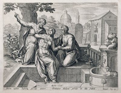 Susanna and the Elders, från en serie som illustrerar scener från The Bible, pub. av Claes Jansz Visscher (c.1550-c.1612) c.1590 av Netherlandish School