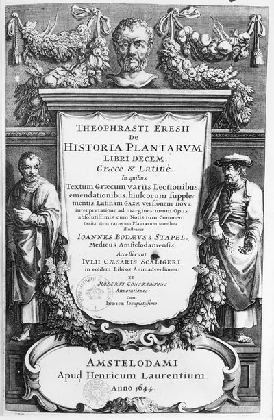 Titelsidan för Historia Plantarum Libri Ten av Theophrastus (c.372-c.287 f.Kr.) publicerad i Amsterdam 1644 av Netherlandish School