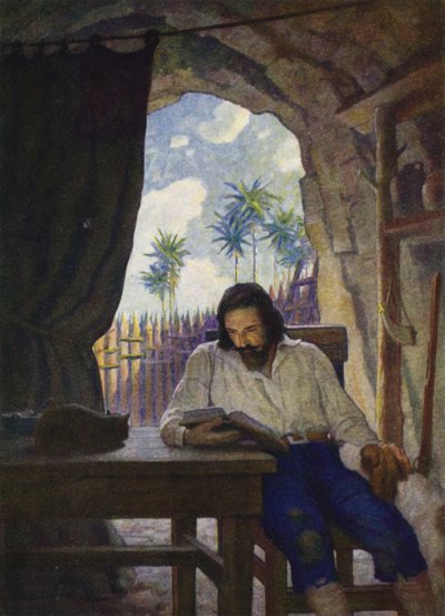 Illustration för Robinson Crusoe (färg litho) av Newell Convers (after) Wyeth