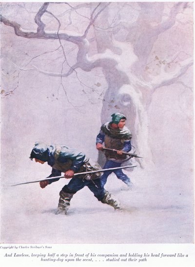 Och Lawless höll ett halvt steg framför sin följeslagare och höll huvudet framåt som en jakthund på doften - studerade sin väg, 1916 av Newell Convers Wyeth