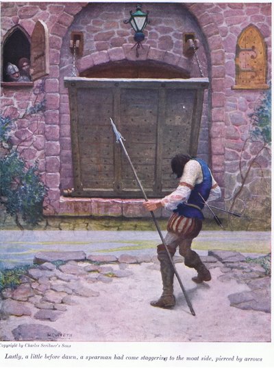 Äntligen lite före gryningen har en spjut kommit vackla till vallgravssidan, genomborrad av pilar, 1916 av Newell Convers Wyeth