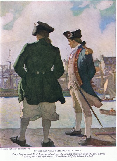 På havsväggen med John Paul Jones: Under en lång stund stirrade John Paul ut över sjöfarten längs hamnen till det öppna vattnet, 1928 av Newell Convers Wyeth