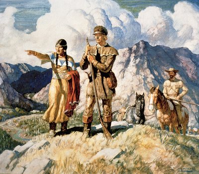 Sacagawea med Lewis och Clark under deras expedition 1804-06 (färg litho) av Newell Convers Wyeth