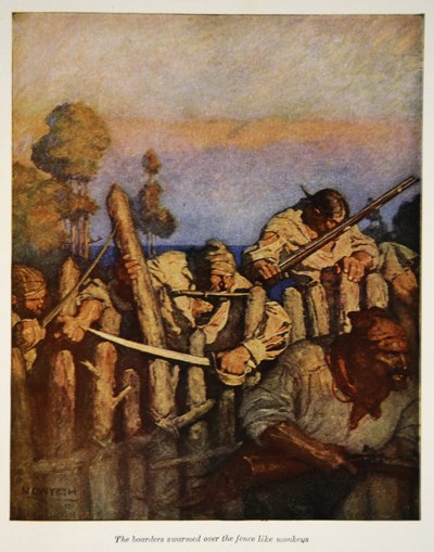 Gränsarna svärmade över staketet som apor, en illustration från "Treasure Island" av Robert Louis Stevenson, pub. av Charles Scribners söner, 1911 av Newell Convers Wyeth
