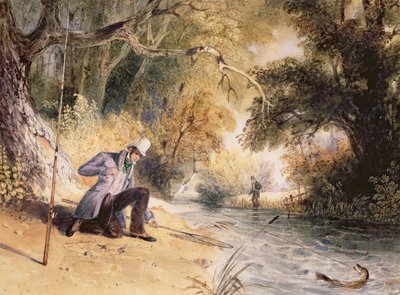 Gäddfiske, landning av en gädda, ca 1839 (akvarell på papper) av Newton Fielding