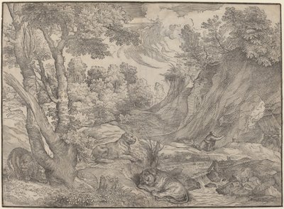 Saint Hieronymus i vildmarken av Niccolò Boldrini after Titian
