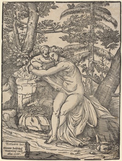 Venus och Amor av Niccolò Boldrini after Titian