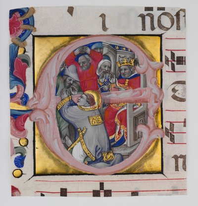 Manuskriptbelysning med Sankt Stefans martyrskap i en inledande E..., ca. 1394-1402. av Niccolò di Giacomo da Bologna