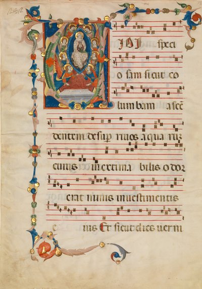 Manuskriptblad med jungfruns antagande i ett initialt V, från ett antifonarium, ca. 1340. av Niccolò di ser Sozzo