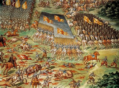 Slaget vid St. Quentin (Saint Quentin), som såg spanjorernas seger över fransmännen 1557, under de italienska krigen, detalj med kavalleriattack av Niccolo (and workshop) Granello