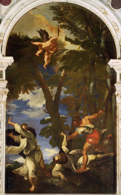 St Peter Martyr knivhögg av hyrda lönnmördare (kopia av målningen av Tizian förlorad i branden i Rosenkapellet) av Niccolo Cassana