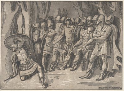 Ajax nedre vänster håller en sköld högt, till höger står Agamemnon omgiven av hans..., 1540-50. av Niccolo Vicentino