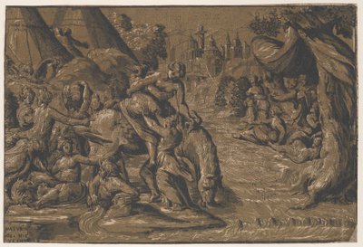 Cloelia, den romerska hjälten i centrum som hjälps upp på en häst, Rom i bakgrunden,..., 1540-50 av Niccolo Vicentino