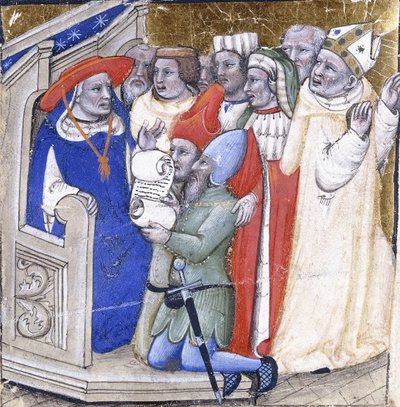 En kardinal som sitter i dom över en biskop, anklagad av två lekmän, ca 1380 (färg och bladguld på veläng) av Niccolo di Giacomo