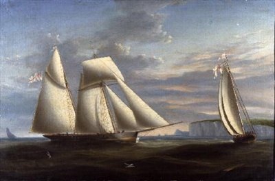 En toppsegelskonare och en skonare från Royal Yacht Squadron utanför Dorset-kusten (panel) av Nicholas (circle of) Condy