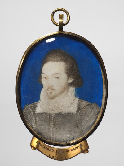 Porträtt av en man, ca 1600 (w/c på veläng med en guldkant i en förgylld metallram) av Nicholas (manner of) Hilliard