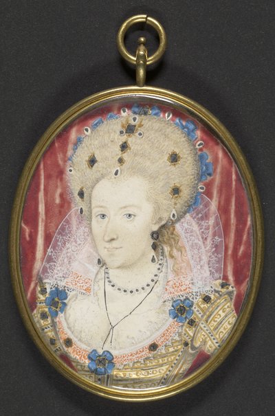 Anne av Danmark, ca 1600 (gouache på veläng på kortet) av Nicholas (studio of) Hilliard