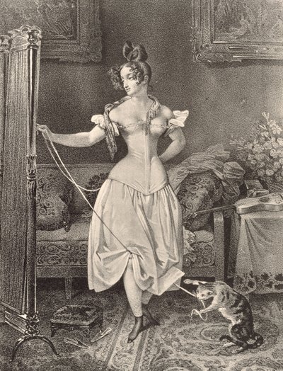 Stay-lace, graverad av Alfred Leon Lemercier (1800-talet) (litografi) av Nicholas Eustache (after) Maurin