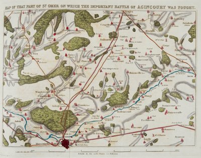 Karta över den del av St. Omer på vilken det viktiga slaget vid Agincourt utkämpades, illustration från 