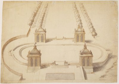 Design for a Bowling Green, Hampton Court, ca 1689-91 (penna och brunt bläck, tvätt och grafit på papper) av Nicholas Hawksmoor