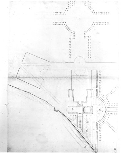 Platsritning av schema I, Hampton Court, 1689 (penna och bläck och penna på papper) av Nicholas Hawksmoor