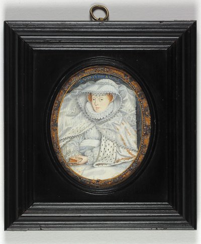 En dam som traditionellt identifieras som Mary Queen of Scots (emalj) av Nicholas Hilliard
