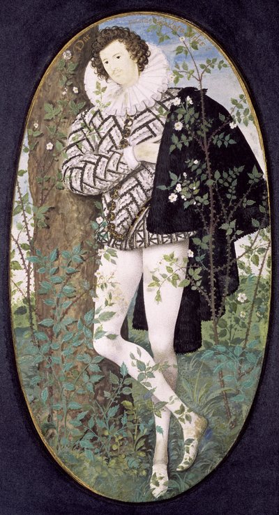 En ung man som lutar sig mot ett träd bland rosor (bodycolour på pergament) av Nicholas Hilliard