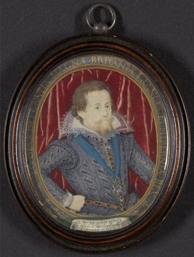 James I av England och VI av Skottland, ca 1610 (w/c, gouache och guld, penna och svart bläck på veläng) av Nicholas Hilliard