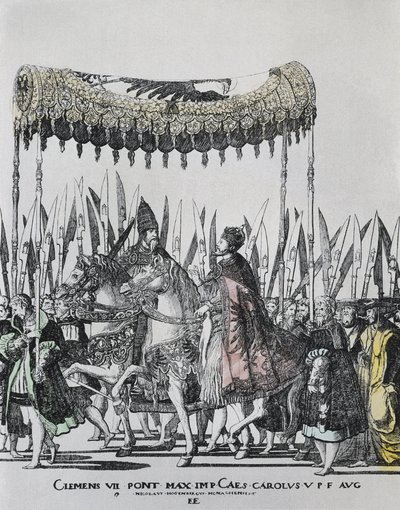HOGENBERG, Nicolas (1500-1539). Karl V:s kröning i Bologna. CHARLES V (1500-1558). Helige romerske kejsare (1519-1556) och kung av Spanien (1516-1556), som Karl I.; CLEMENT VII (1478-1534). Påve mellan 1523 och 1534. Gravyr av Nicholas Hogenberg