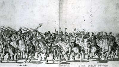 Plåt 12 och 13 av påven Clemens VII och kejsar Karl V:s inresa i Bologna den 24 februari 1530, publicerad ca 1530 av Nicholas Hogenberg