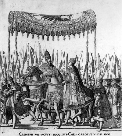 Påven Clemens VII och kejsar Karl V:s intåg i Bologna den 24 februari 1530, skylt 27, ca 1530 (uppgift om 472273) av Nicholas Hogenberg