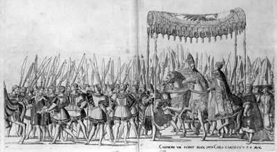 Påven Clement VII och kejsar Karl V:s intåg i Bologna den 24 februari 1530, skylt 27, ca 1530 av Nicholas Hogenberg