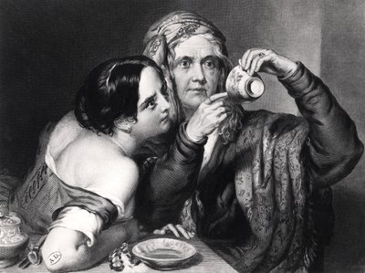 Förutsäga framtiden genom att läsa kaffesump, graverad av Charles William Sharpe (1818-99) av Nicholas Joseph Crowley