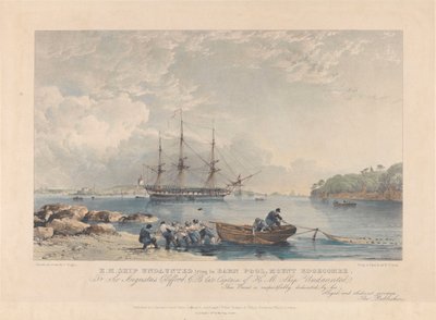 Litografi av HMS "Undaunted" (1807) liggande i Barn Pool, Mount Edgecombe, ca 1797-1811 (litografi, färglagd) av Nicholas Matthews (after) Condy