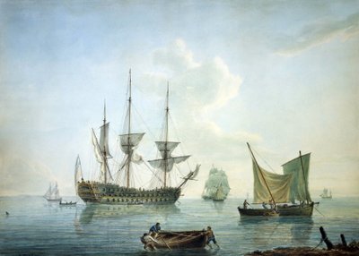 "Fregatt av tredje klass (70 kanoner), en fiskebåt och andra båtar utanför Englands sydkust av Nicholas Pocock