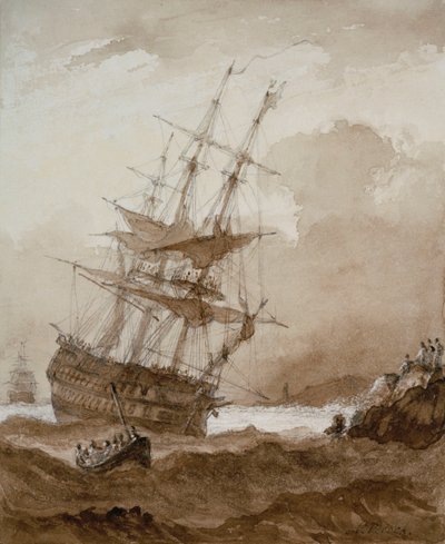 Tvådäckare i storm utanför kusten, sent 1700-tal till tidigt 1800-tal (brunmålad) av Nicholas Pocock