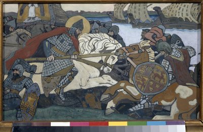 Alexander Nevskij (1220-1263) slår Birger Jarl (1210-1266) (eller Birger Magnusson av Bjalbo). Avsnitt av slaget vid Neva (1240). Verk av Nicolas Roerich (1874-1947), gouache på kartong av Nicholas Roerich