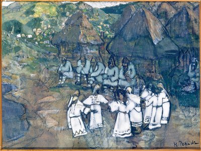 Cirkeldans (rund). Verk av Nicolas (Nicholas) Roerich (1874-1947), akvarell och gouache på papper, omkring 1900-1910. Rysk konst, 1900-talet, symbolik; State M. Nesterov Art Museum of Republic Bashkortostan, Ufa (Ryssland). av Nicholas Roerich