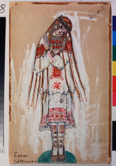 Kostym för en kvinnlig karaktär från baletten ""The Rite of Spring"" av Igor Stravinsky (1882-1971). Verk av Nicolas (Nicholas) Roerich (1874-1947), gouache på kartong av Nicholas Roerich