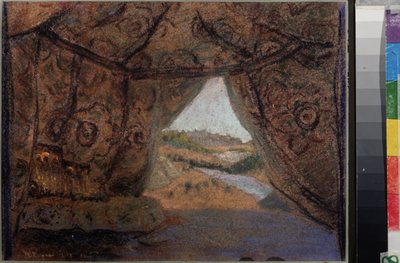 Förberedelseuppsättning för operan La Pskovitaine (Jungfrun från Pskov) av Nicholas (Nikolai) Rimsky Korsakov (1844-1908). Verk av Nicholas Roerich (1874-1947), pastell på kartong av Nicholas Roerich